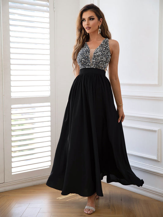 Contrast Sequin Sleeveless Formal Dress - 4 Ever Trending