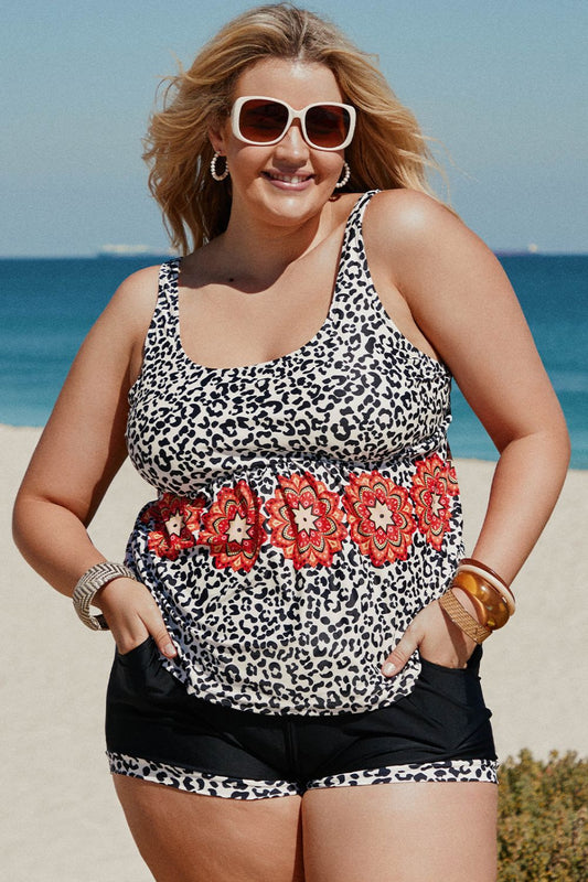 Plus Size Mixed Print Tankini Set with Pockets - 4 Ever Trending