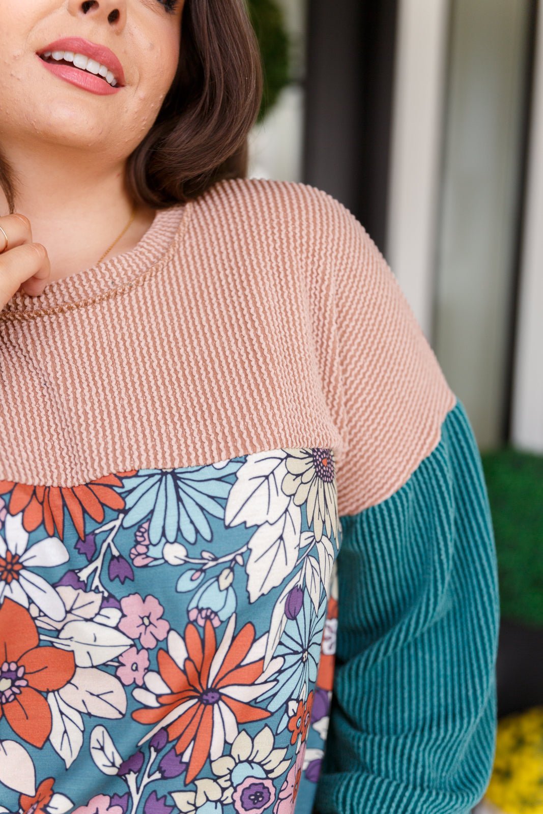 Retro and Ribbed Floral Color Block Top - 4 Ever Trending