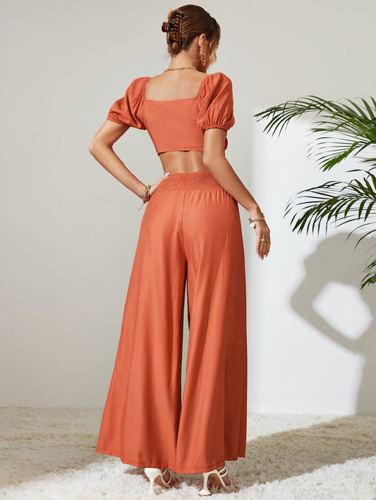 Tie Front Cropped Top and Smocked Wide Leg Pants Set - 4 Ever Trending