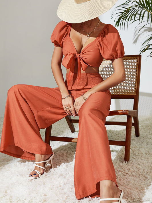 Tie Front Cropped Top and Smocked Wide Leg Pants Set - 4 Ever Trending