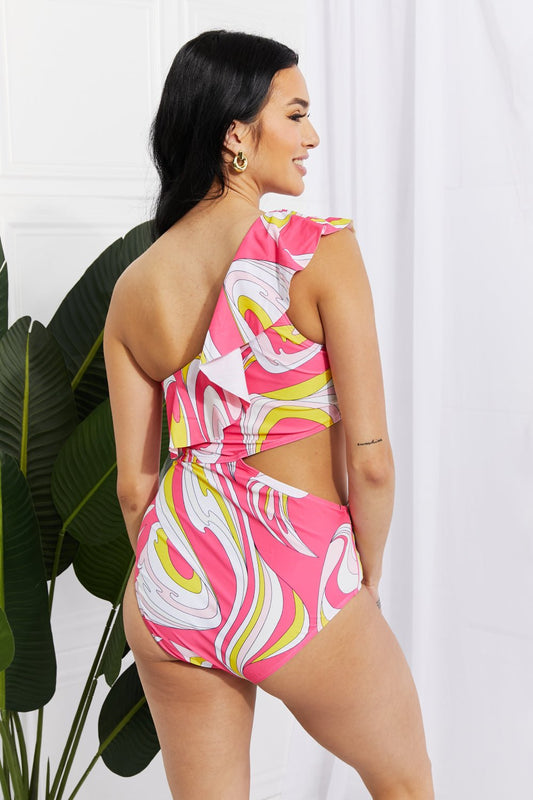 Vitamin C Asymmetric Cutout Ruffle Swimsuit in Pink - 4 Ever Trending