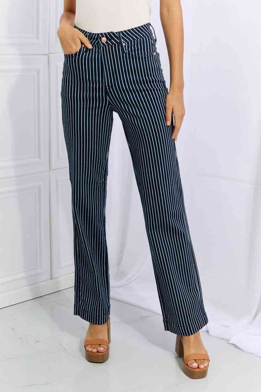 Cassidy High Waisted Tummy Control Striped Straight Jeans - 4 Ever Trending