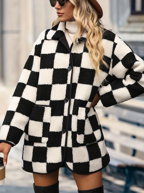 Checkered Button Front Coat with Pockets - 4 Ever Trending