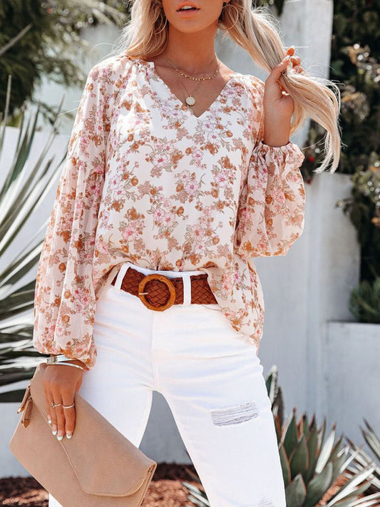 Floral Notched Balloon Sleeve Blouse - 4 Ever Trending