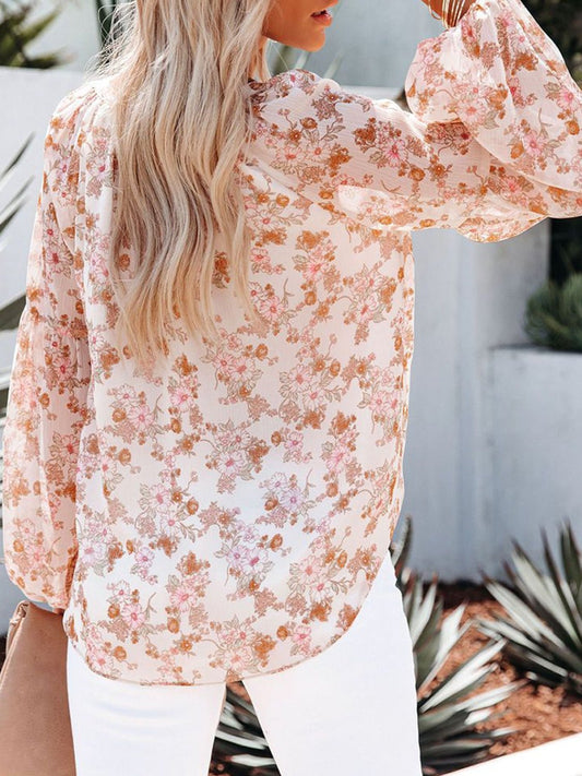 Floral Notched Balloon Sleeve Blouse - 4 Ever Trending