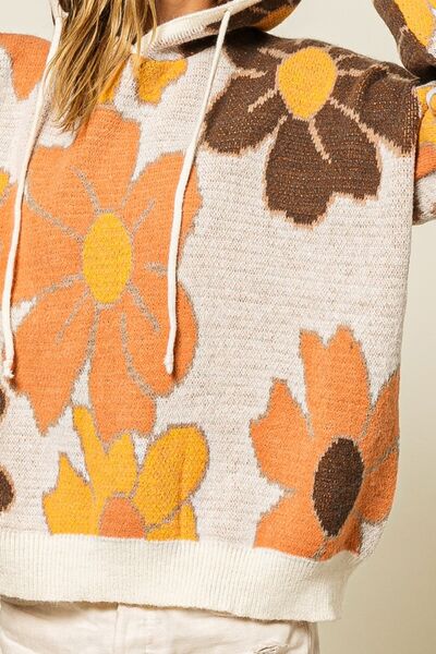 Flower Pattern Drawstring Hooded Sweater - 4 Ever Trending