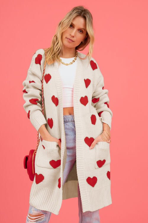 Heart Graphic Open Front Cardigan with Pockets - 4 Ever Trending