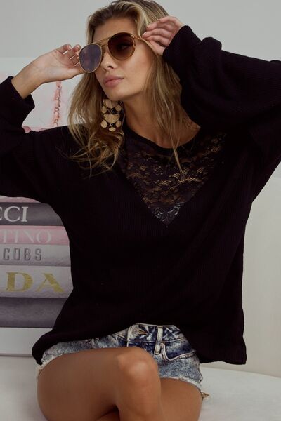 Lace Detail Ribbed Long Sleeve Top - 4 Ever Trending