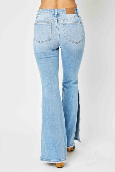 Mid Rise Raw Hem Slit Flare Jeans - 4 Ever Trending