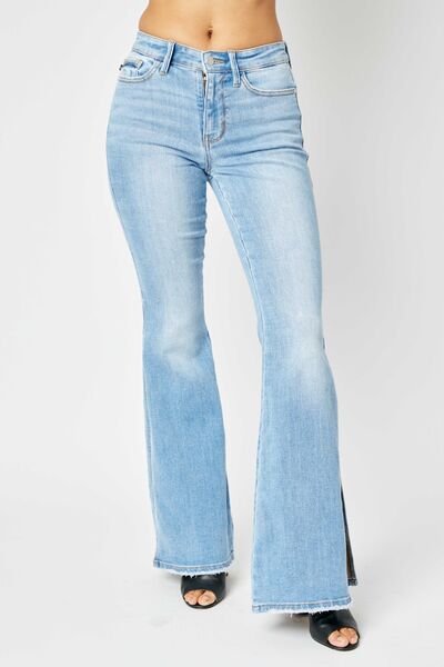 Mid Rise Raw Hem Slit Flare Jeans - 4 Ever Trending