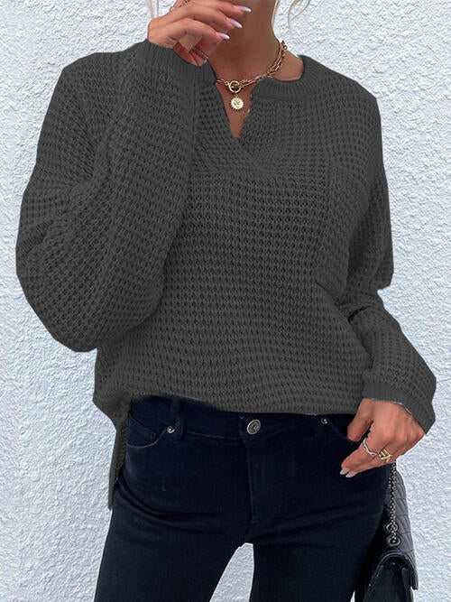 Notched Long Sleeve Sweater - 4 Ever Trending