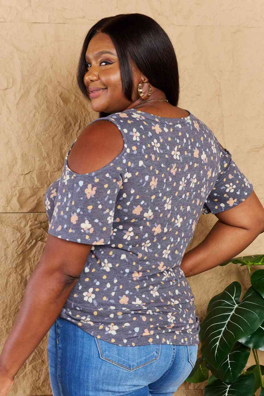 On My Own Full Size Cold Shoulder Keyhole Floral Print Top - 4 Ever Trending