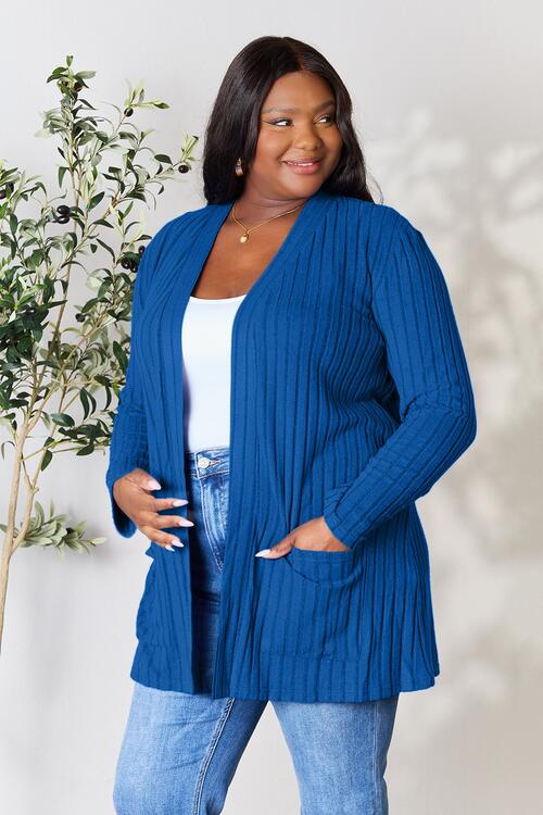 Ribbed Open Front Cardigan with Pockets - 4 Ever Trending