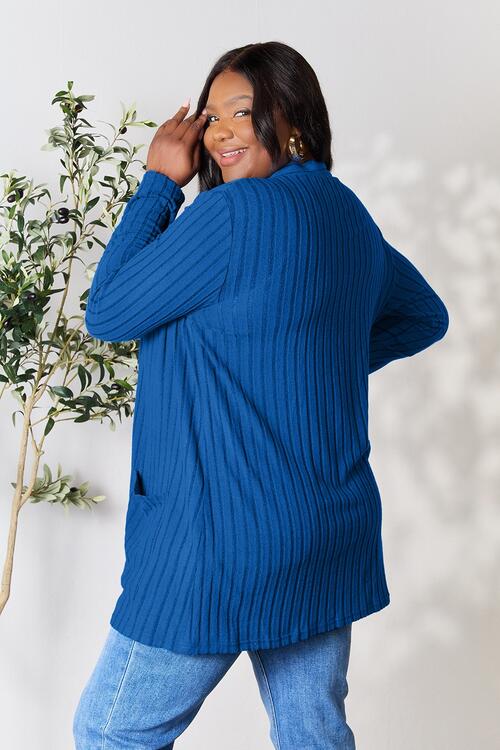 Ribbed Open Front Cardigan with Pockets - 4 Ever Trending