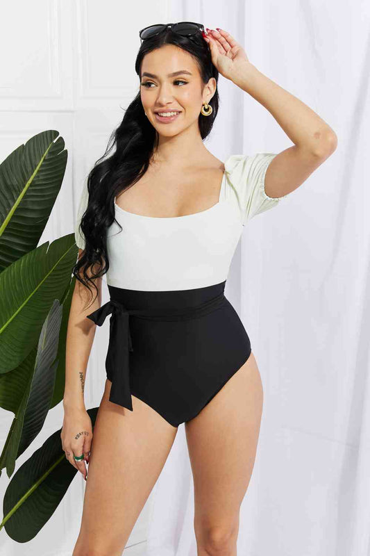 Salty Air Puff Sleeve One-Piece in Cream/Black - 4 Ever Trending