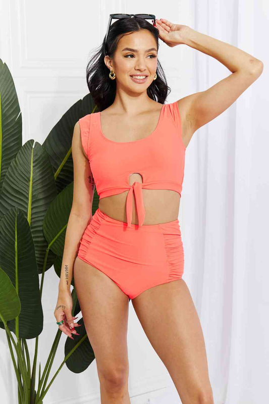 Sanibel Crop Swim Top and Ruched Bottoms Set in Coral - 4 Ever Trending