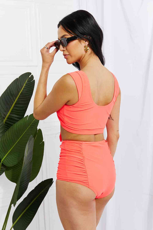 Sanibel Crop Swim Top and Ruched Bottoms Set in Coral - 4 Ever Trending