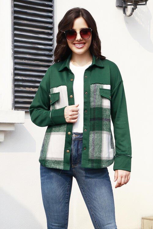 Snap Down Plaid Long Sleeve Shacket - 4 Ever Trending
