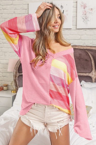Striped Contrast Waffle Long Sleeve Top - 4 Ever Trending