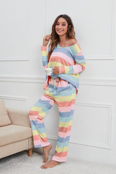 Striped Long Sleeve Top and Pants Lounge Set - 4 Ever Trending