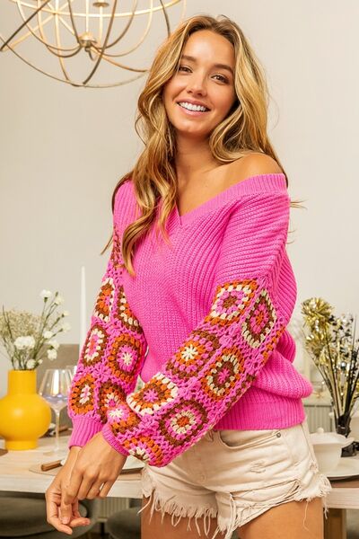 V-Neck Crochet Long Sleeve Sweater - 4 Ever Trending