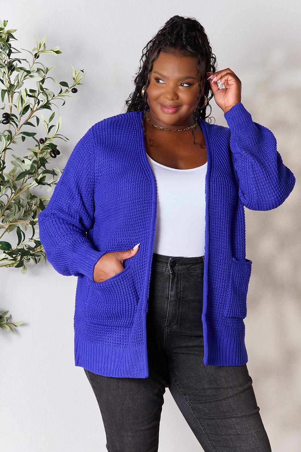 Waffle-Knit Open Front Cardigan - 4 Ever Trending